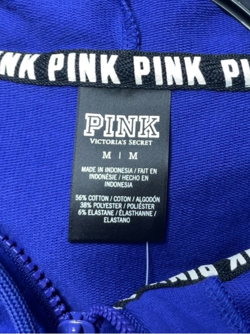NWT Victoria's Secret PINK Royal Blue Hoodie with Stripes on Sleeves Sz M - Picture 3 of 5